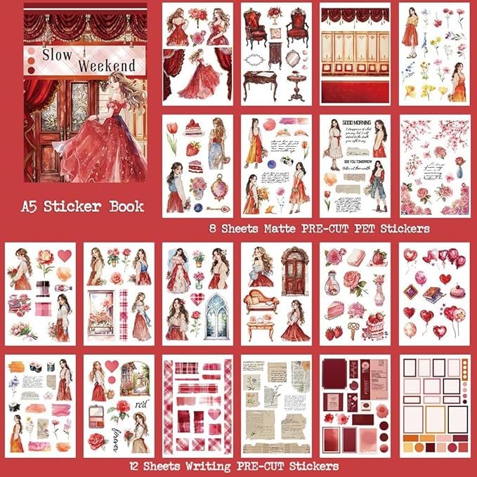 Dwpetzo Vintage Slow Weekend Pre-Cut Journal Sticker Book for Junk Journaling, A5 PET and Paper Dual Scrapbook Materials, People Stickers for Scrapbooking Supplies, Collage, Planner, 20 Sheets