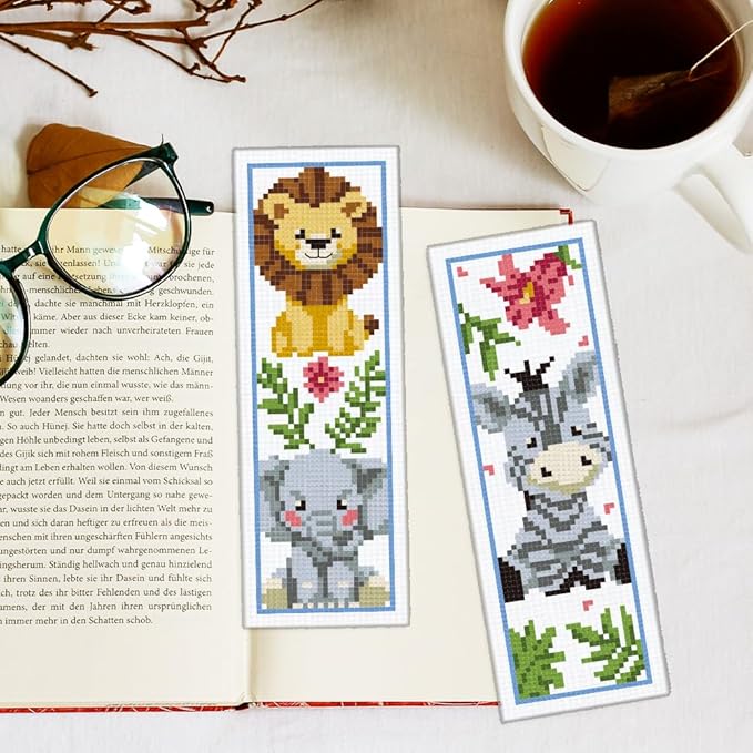 INFUNLY 6PCS DIY Cartoon Animal Cross Stitch Bookmark Kits 8.66"×3.15" Cute Bear Cow Stamped Embroidery Kits with Instructions Plant Flowers Needlepoint Bookmark Kits for Book Lovers Readers Writers
