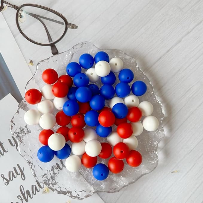 KnvsS 60pcs Silicone Beads Kit - Blue, Red, White - Round - Medium - Beads - Craft Bead - Keychain, Bracelet, Necklace - DIY Gift