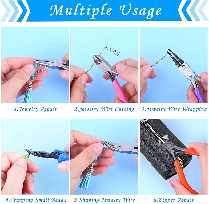 acejoz jewelry making tools kit: 6pc set, including needle round nose, wire cutters, crimper & end nippers for beading & craft