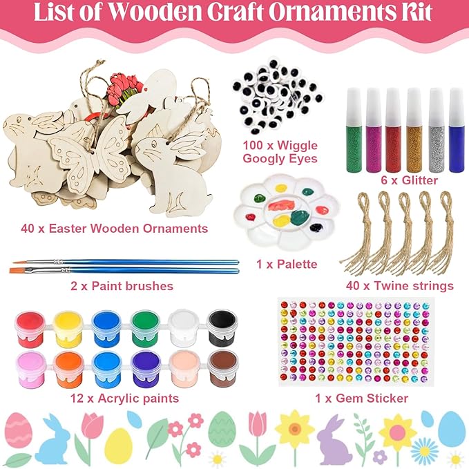 KITRDOOR Easter Wooden Painting Craft Kit, 40Pcs Unfinished Easter Wooden Ornaments, DIY Wood Cutouts Egg Bunny Chick Tulip Ornaments Craft Kits for Adults Spring Party Hanging Decorations