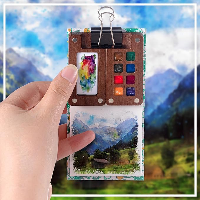 Qilery Mini Portable Watercolor Palette Set Wooden Grid Paint Box Watercolor Paper Sketch Book Brush Pens with Binder Clip for Painters Artist Not Include Paint(Mountain Chrysanthemum)