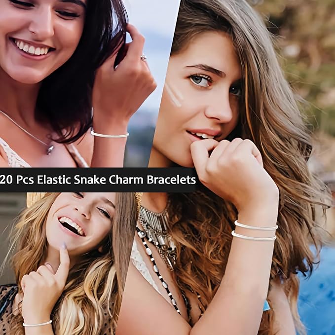 20 Pieces Snake Charm Bracelet, 4mm Expandable Charm Bangle Bracelets Silver Adjustable Friendship Snake Bracelet Chain DIY Charm Bracelet for Women Jewelry Christmas Birthday Gifts