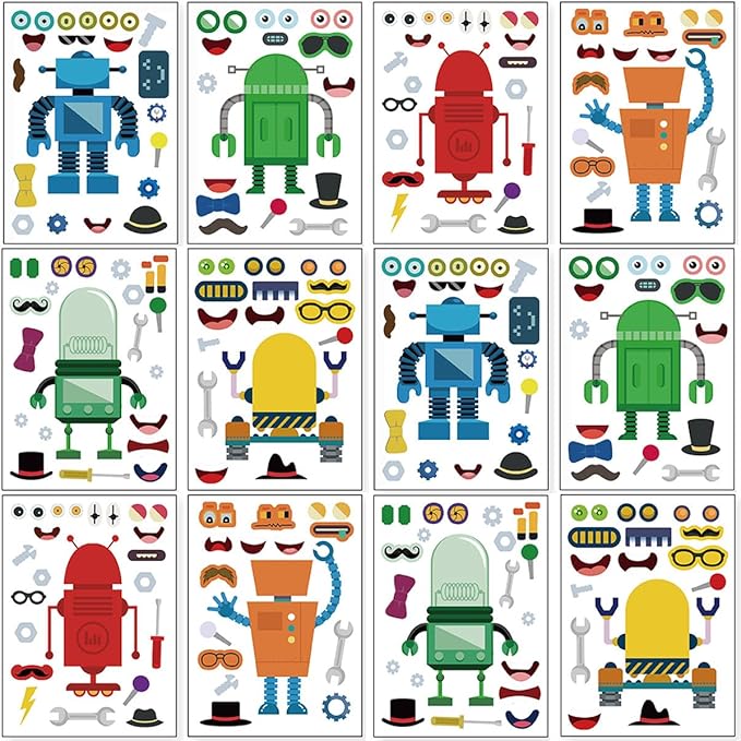 24 sheets 8.27''×5.9'' make your own robot stickers for kids toddlers, make a face stickers for kids party favors activities