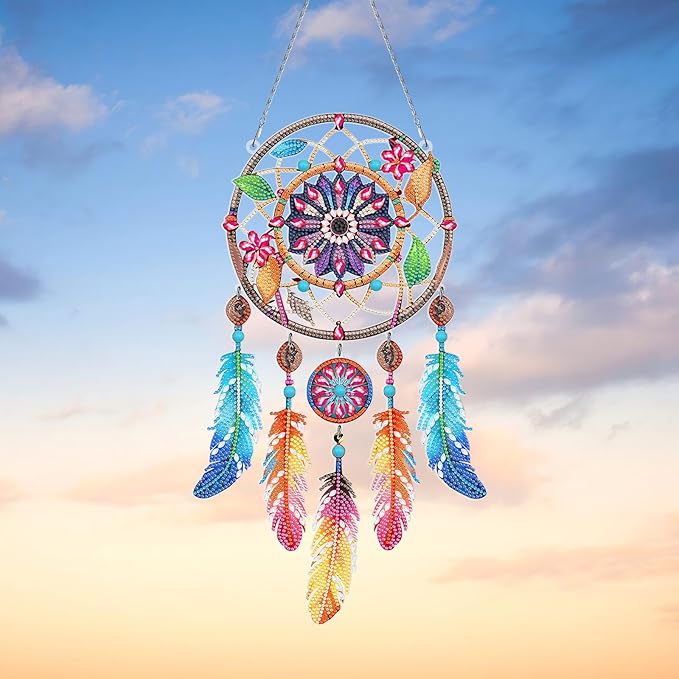Diamond Dream Catchers Kit, Hanging Diamond Art, DIY Kit for Home Wall & Window Decor, Handmade Craft for Room Decoration (Nature)
