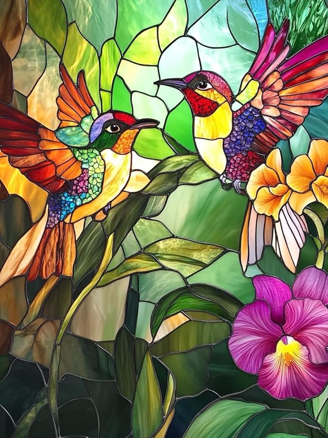 PINFFSHU Hummingbird Diamond Painting for Adults DIY Stained Glass Diamond Art Kits Round Diamond Dots 5D Full Drill Gem Art Kit Arts and Crafts for Adults Home Bird Wall Decor Gift 12x16 Inch