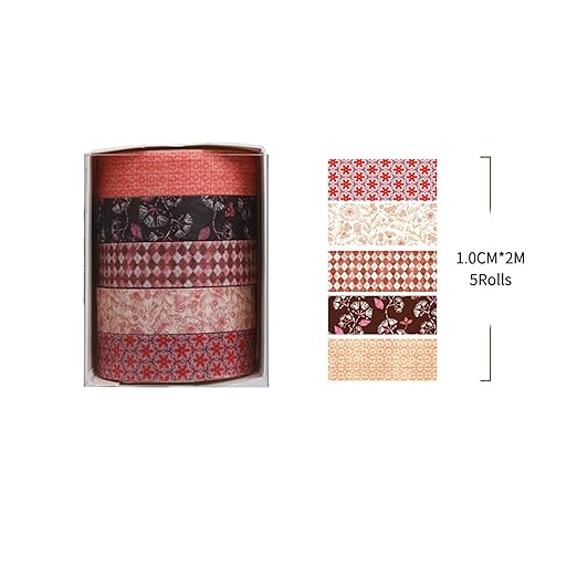 Fantasy Washi Tape Set - 5 Rolls Texture Arts Adhesive Tapes Basic Patterns Decorative Masking Tape Sets for Craft, Kids, Scrapbook, DIY, Gift Wrapping (5-Rustic Warmth)