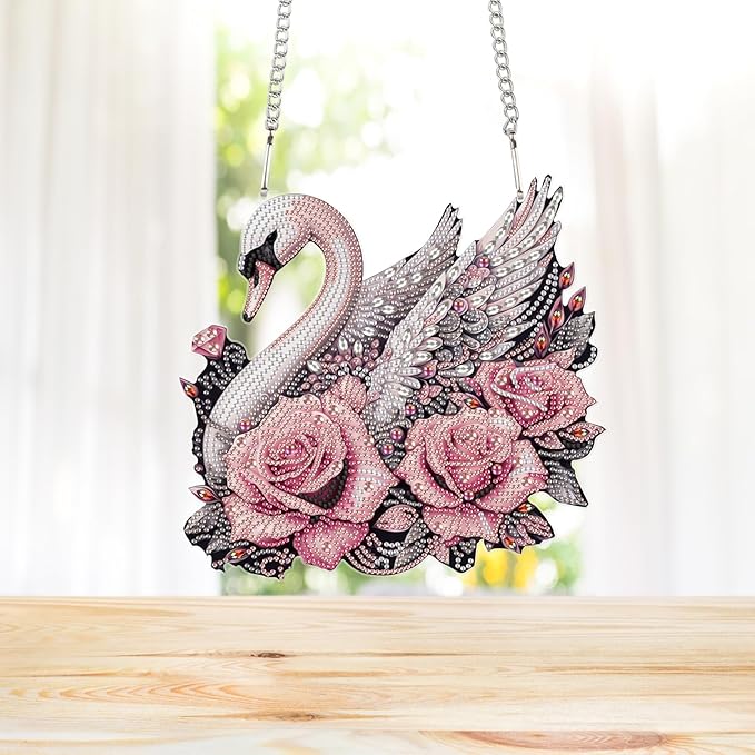 Diamond Art Painting Pendant Ornament Kits 5D Diamond Art Painting Art Hanging Kit Rose Swan DIY Diamond Crystal Window Door Pendant Kit for Adults Gift Wall Home Christmas Decoration (24.2x23 cm)