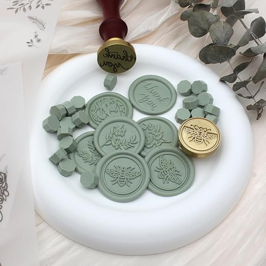 Wax Seal Beads Kit - 300pcs Sage Green Sealing Wax Beads with Wood Melting Warmer, Spoon & 10 Mini Candles for Stamp Seals, Wedding Invitation, Envelope, Cards, Gift Wrapping Decorations