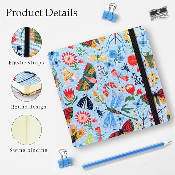 Mifuner 4.8x4.8in 80gsm Mini Notebooks Art Blank Pages Sketchbooks Travel Journal Pocket Hardcover Paint Writing Notebook Blank Diary Memo Planner Sketchbook Fabric Cover.Insect Butterfly