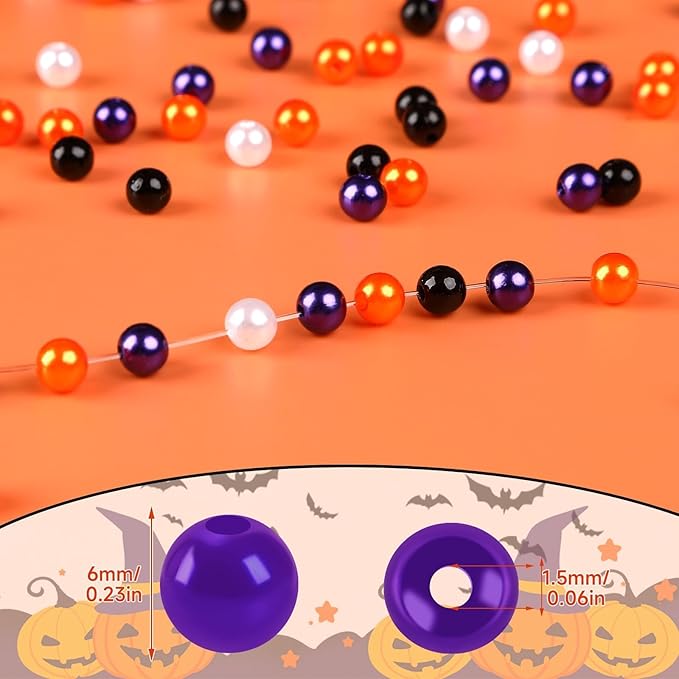 UPINS 1200Pcs Halloween Beads Round 6mm Black Purple Orange White Pearl Beads for Jewelry Making Halloween Mardi Gras Party Decoration Necklace Bracelets Hair Beads DIY Crafts (4 Colors)