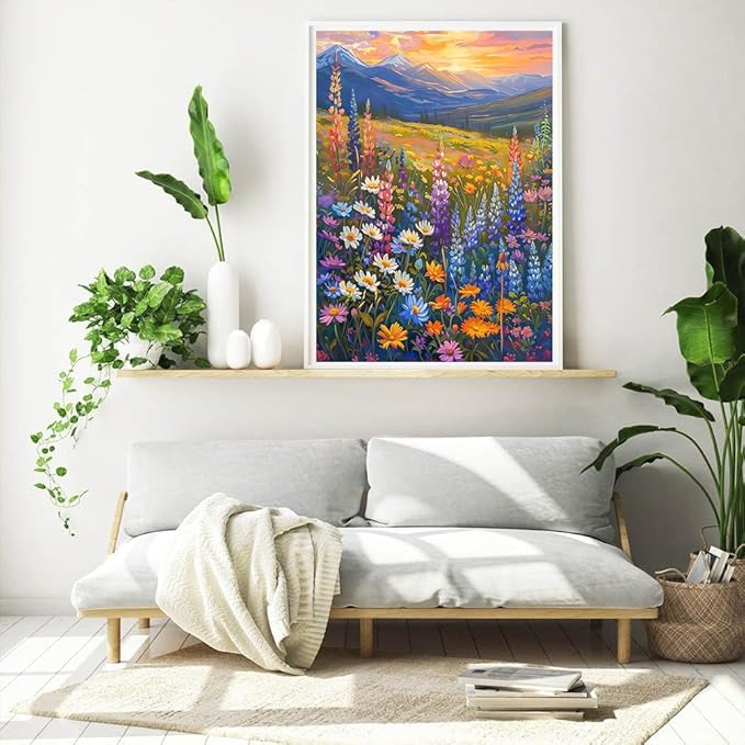 EIBEILI Diamond Art Kits for Adults, Snowy Mountains and sea of Flowers Diamond Painting Kits for Beginner Round 5D Full Drill Diamond Dots Crafts for Home Wall Decor Gifts 12x16 Inch