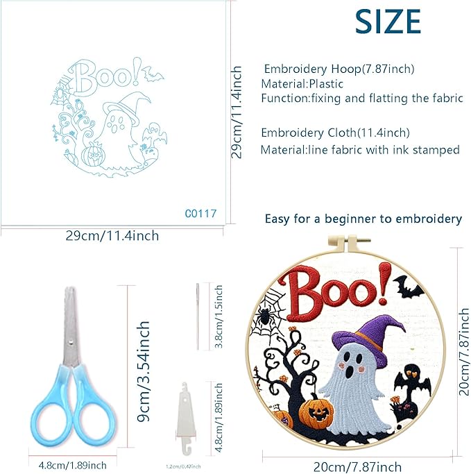 Zhenqing Halloween Ghost Embroidery Kit for Beginners - 29x29cm Printed Fabric with Hoop & Full Tools (Witch Hat Ghost & Pumpkin Design) (C0117)