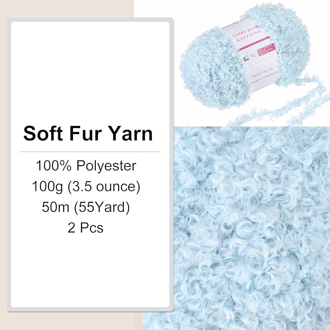 MECCANIXITY 2 Skeins Fur Yarn Soft Fluffy Chunky Yarn Fuzzy Eyelash Yarn Sky Blue for Crocheting Knit Clothes Bag - 55Yard/50m, 3.29ozx2