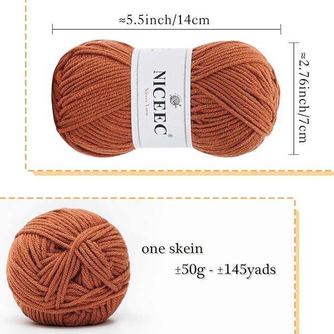 NICEEC 300g Soft Assorted Colors Yarn - Sport Weight,100% Acrylic, 4 Ply, Bonbons Yarn for Crochet & Knit, DIY Project Starter Kit for Kids or Adults(Total 870yds) - Caramel