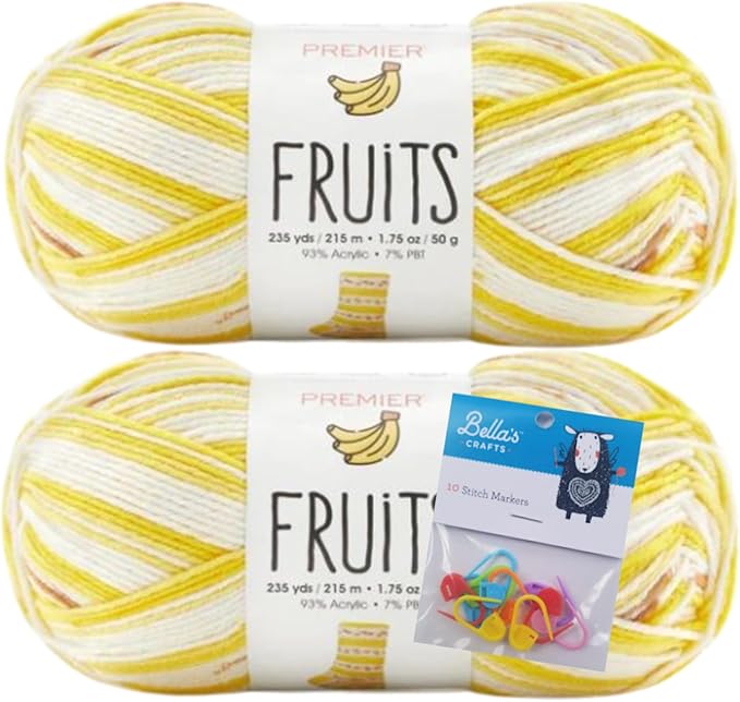 Premier Yarns Fruits, Acrylic Sock Yarn, 2-Pack Bundled with Bella's Crafts Stitch Markers (Banana)