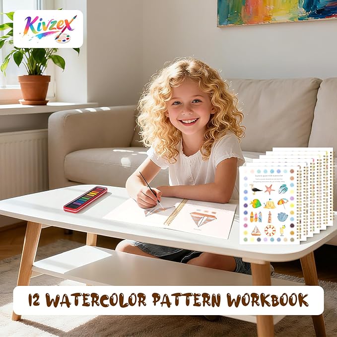 Watercolor Workbook for Adults, Beginner Friendly Watercolor Painting Kit Seaside Water Coloring Book, Nature-Themed Practice Art Gift Water Color Paint Book with Palette and Brush
