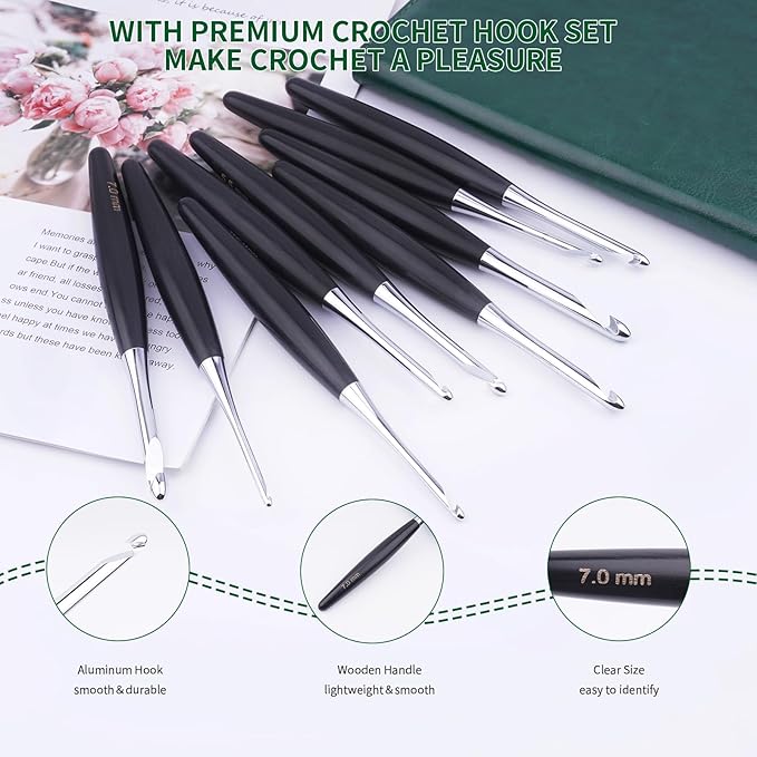 Hobekoee Inline Crochet Hooks Set 9 Sizes 3.5mm(E)-8mm(L) Wooden Handle Crochet Hooks Set with Case,Ergonomic Grip for Arthritic Hands