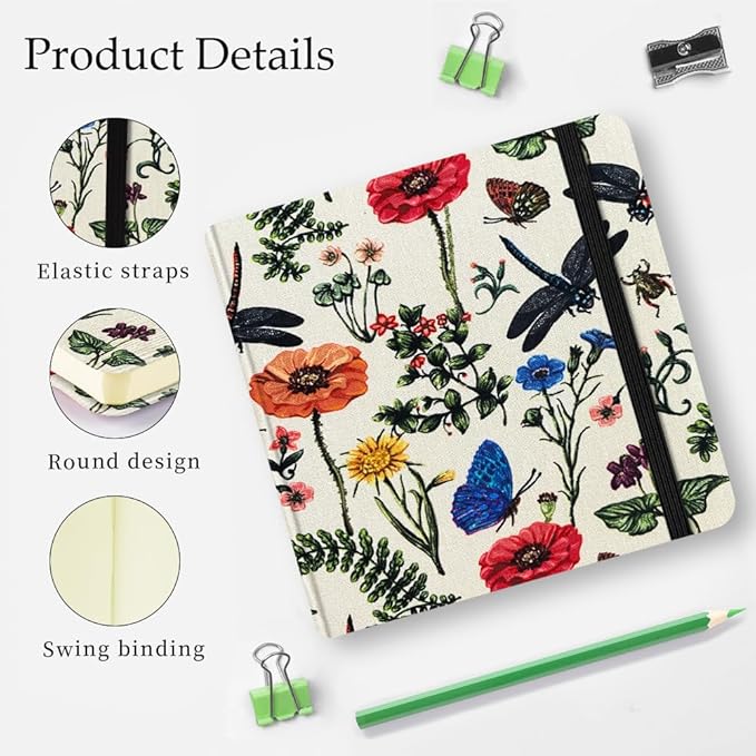Mifuner Small Square 4.8x4.8 80gsm Mini Notebooks Blank Pages Sketchbooks Travel Journal Pocket Hardcover Paint Writing Notebook Blank Diary Memo Planner Sketchbook Fabric Cover, Dragonfly