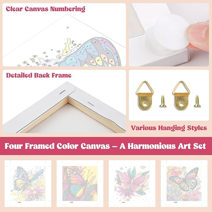 Lxmsja 4 Pack Butterfly Bloom Paint by Numbers Kit for Adults, Easy Framed Paint by Numbers for Adults Beginner, DIY Acrylic Oil Painting Craft Kits for Home Wall Decor 8x8 inch