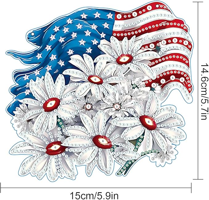 AiYuanzsh Patriotic Diamond Painting Hanging Ornament, American Flag with White Daisies, DIY 5D Diamond Art Pendant Kit with Chain, Independence Day Crystal Suncatcher Home Decoration Craft