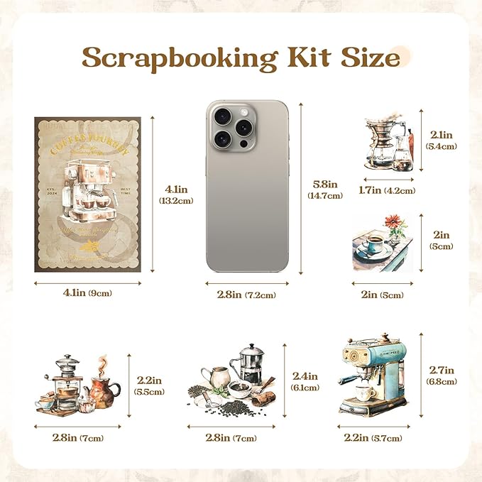 RISYPISY 54 Sheet Scrapbooks Supplies Kit, Precut PET/Washi Stickers, Coffee Sticker for Junk Journal Adult Planner DIY Crafts Decorative Paper for Scrapbooking