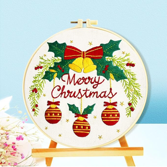 Zhenqing Christmas Bells Embroidery Kit - 29x29cm Printed Fabric, Hoop & Tools for Beginners(C0036)