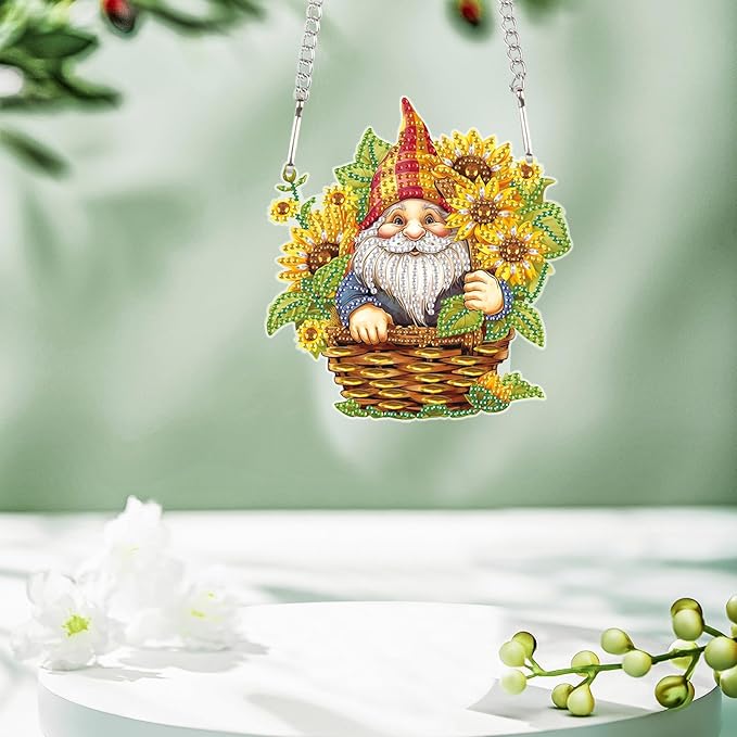 AiYuanzsh Gnome Diamond Art Kits for Adults – Sunflower Gnome Diamond Painting Hanging Ornament, 5D DIY Diamond Art Kit for Home Décor, Window, Gift & Suncatcher