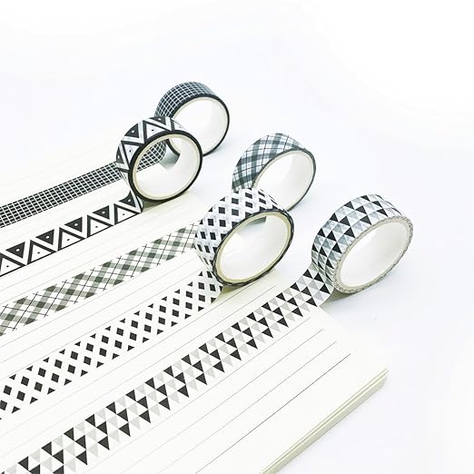 Basic Washi Tape Set 10 Rolls Black White Decorative Dot & Grid Masking Tapes for Journals, Planners, Scrapbooking, Gift Wrapping, DIY Crafts