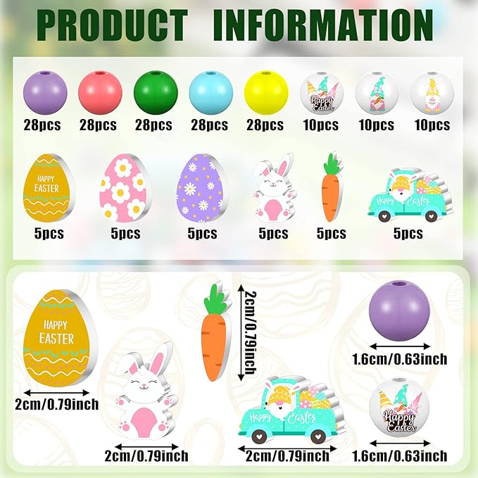 200 Pcs Easter Wooden Beads Colorful Round Flat Craft Bead Egg Colored Wood Craft Bunny Truck Midget Carrot Bead Handmade Polished DIY Crafts Garland Tray Decor