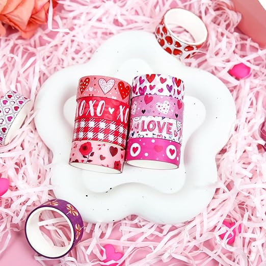 12 Rolls Love Heart Washi Tape Set, Pink Heart Floral Decorative Tape Red Purple XOXO Valentine Masking Tape for Journaling Supplies,Scrapbooking,Wedding Party, Planner,DIY Arts & Crafts