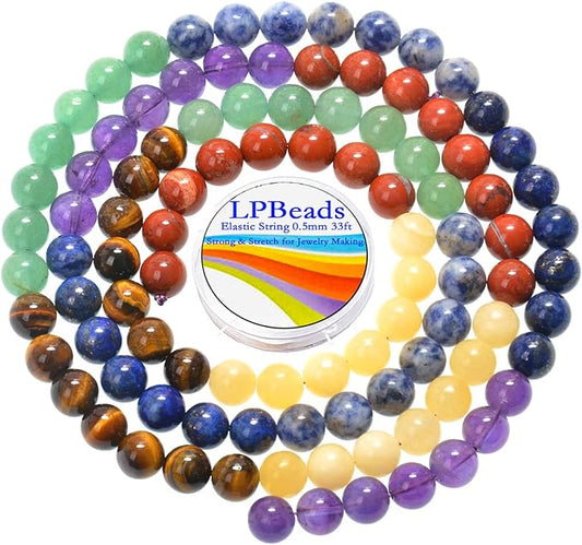 LPBeads 100PCS 8mm Round Natural Chakra Beads Gemstone Round Loose Beads for Jewelry Making with Crystal Stretch Cord
