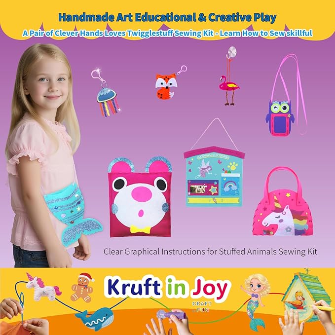 kruft in joy my first sewing kit fun felt craft for kids-8 easy diy project twiggle stuffed animal doll plush pillow bag charms unicorn mermaid bear fox owl,learn to sew embroidery gift for girl 5 12
