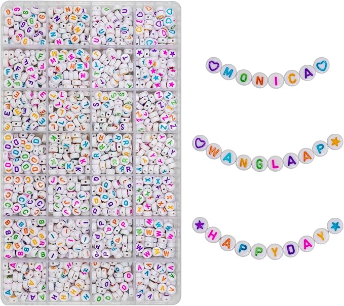 1450Pcs Acrylic 4x7mm Round Letter Beads Kits Alphabet A-Z (Extra for Vowel Letter) Colorful Heart and Star Beads for Bracelets Necklaces DIY Jewelry Making (White and Color)