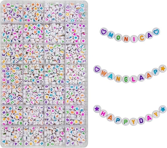 1450Pcs Acrylic 4x7mm Round Letter Beads Kits Alphabet A-Z (Extra for Vowel Letter) Colorful Heart and Star Beads for Bracelets Necklaces DIY Jewelry Making (White and Color)