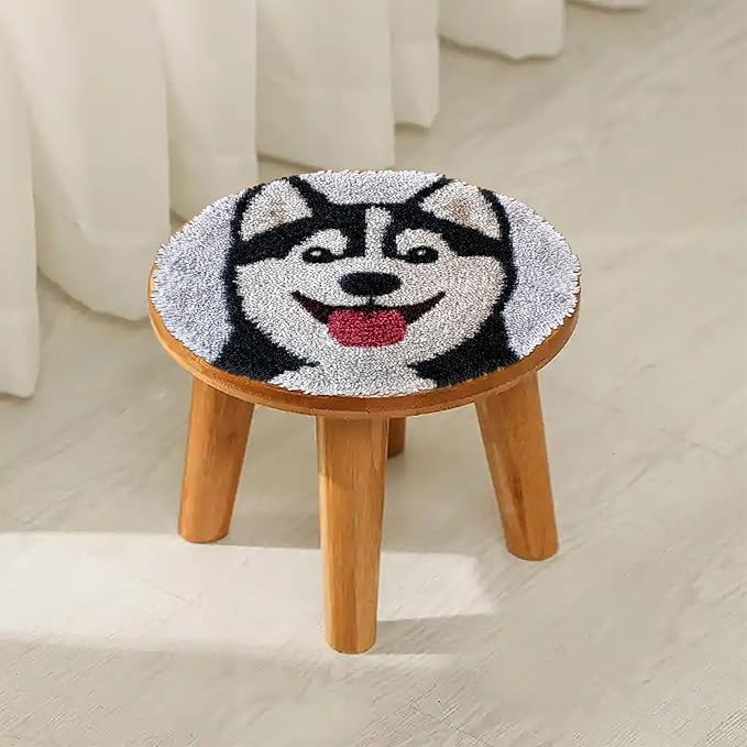 Latch Hook Rug Kit Husky Dog Easy for Beginners Round Shape Carpet Crochet Yarn Craft Mini Rug DIY Hook and Latch Little Tapestry for Home Decor 30x30cm