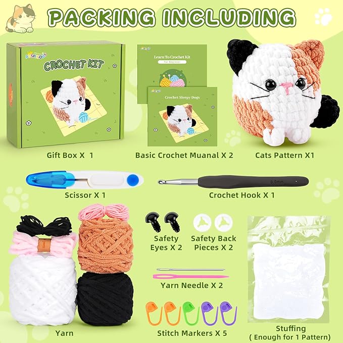 Cat Crochet Kit for Beginners-Calico Cat Crochet Kits for Adults Kids, Crochet Starter Kit with Step-by-Step Video Tutorials,Crochet Animal Kits Learn to Crochet Kits for Adults Kids