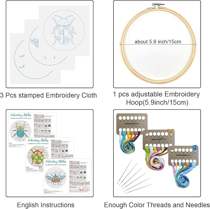 Louise Maelys 3 Sets Beetle Embroidery Kits for Beginners,Cross Stitch Kit for Adults,DIY Needlepoint for Starters Including Flowers Pattern, Hoop,Instruction and Threads