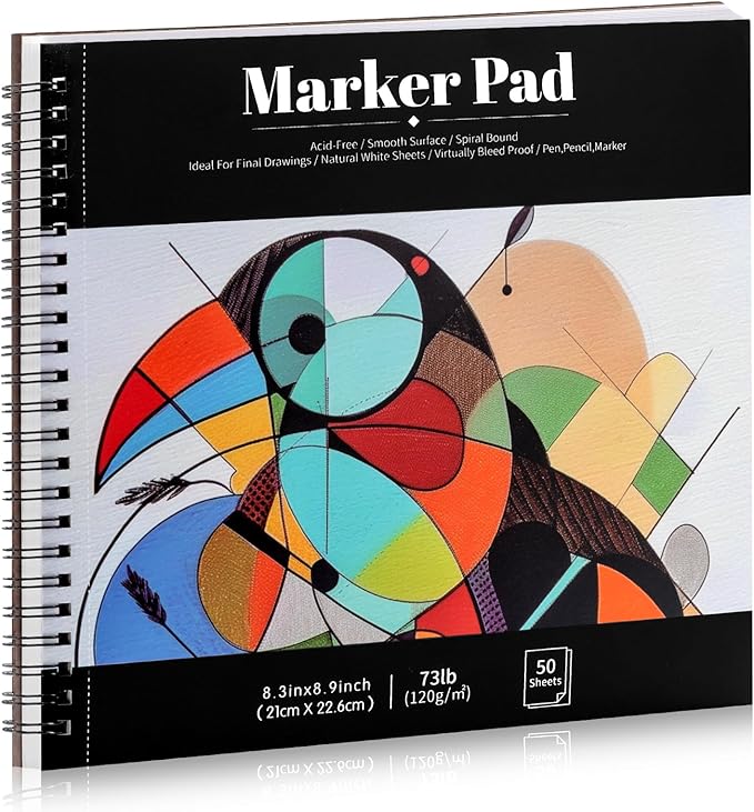 50 Sheets Marker Paper Pad, 8.3×8.9 Inch Bleedproof Art Sketch Pad, 73lb/120gsm Drawing Paper Spiral Sketch Book, Painting Coloring Alcohol Marker Paper for Beginners, Artists, Ideal Gift