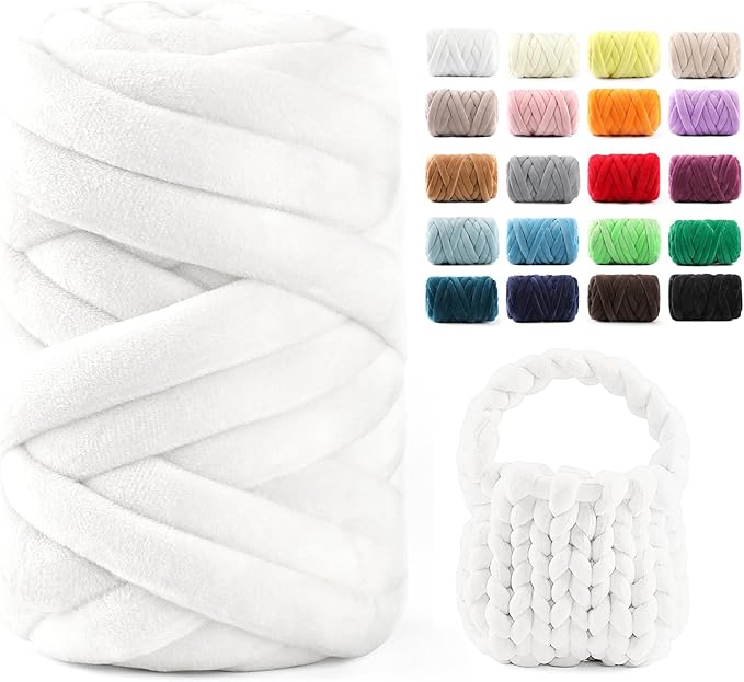 Chunky Yarn for Hand Knitting & Arm Knitting - 0.66lb Super Bulky Velvet Chenille Tube Yarn for DIY Pillows, Pet Beds, Baskets & Home Decor | No Tools Needed, Machine Washable, Pearl White, 1 Pack