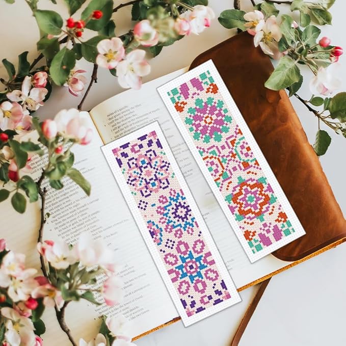 BEUNITONE 6 Pcs Mandala Cross Stitch Bookmark Kits for Beginners DIY Stamped Embroidery Bookmark Kit Colorful Floral Punch Needle Set with Instructions Craft Kit for Book Lover Gifts 8''x2.4''