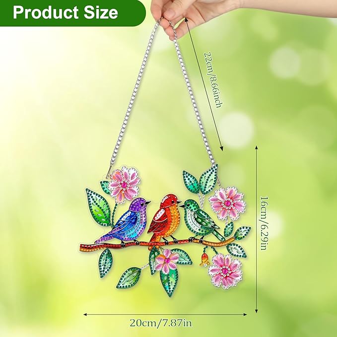 CEOVR Birds Hanging Diamond Art for Adults, Spring Birds Flower Diamond Painting Pendant DIY Gem Art Wall Hanging Ornament, Acrylic Home Garden Decor with Chain, Box Kit 7.87 * 6.29inch