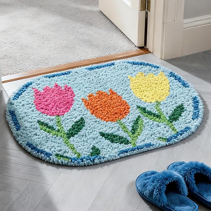 ORIGACH Tulip Latch Hook Rug Kit for Adults Printed Rug Making Kit Handmade Carpet Tapestry Cover with Hook Latch and Preprinted Canvas, Home Arts Crafts Sofa Decor, 20.5x15inch