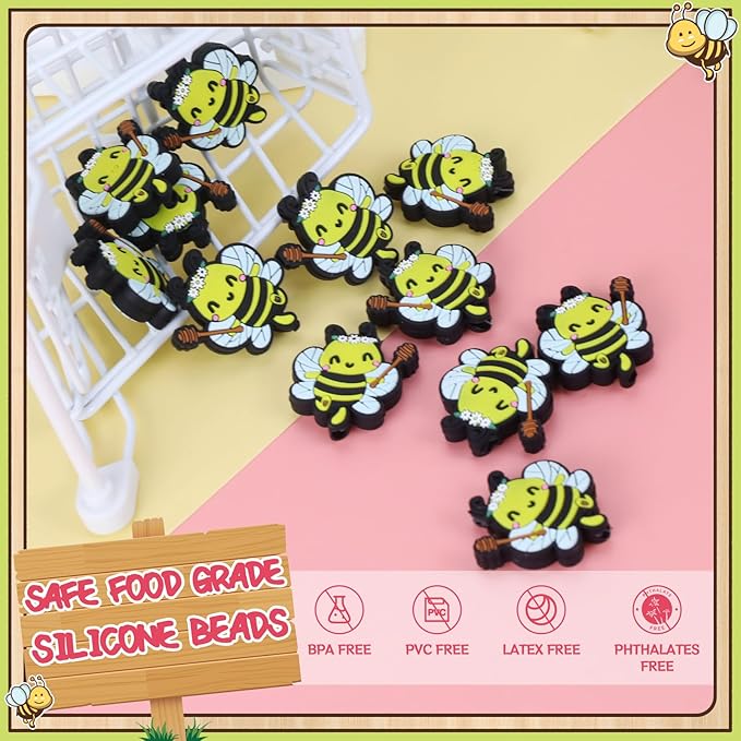 12pcs bee Silicone Focal Beads for Keychain Making for Pens Shape Silicone Beads for Bracelet Necklace Crafts （bee）