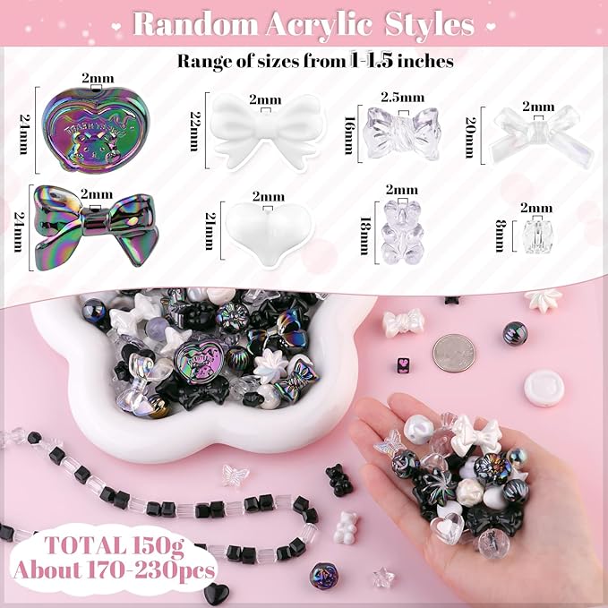 200-260pcs tinkrstuff assorted acrylic beads black cute beads for bracelet making, bow aesthetic gummybear flower candy butterfly kawaii charms for jewelry making diy necklace keychain phone charm