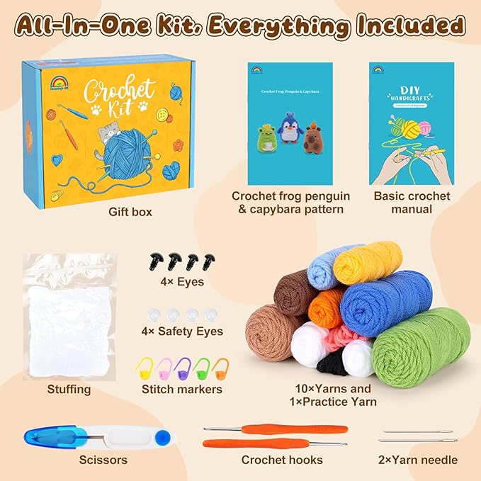 fortuning's jds crochet kit for beginners, crochet animal kit includes penguin, capybara & frog, complete starter kit for adult, diy craft crochet kits, easy knitting kit christmas gifts