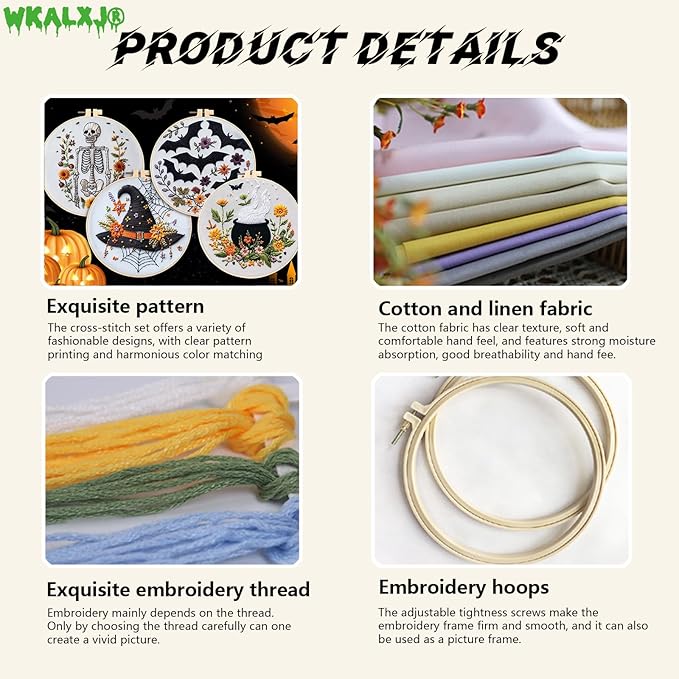 wkalxj 4 sets embroidery kits for beginners adults, cross stitch kits, needlepoint kits with instruction, video, needle point kits with bats cauldron hat skeleton patterns (4 sets c)