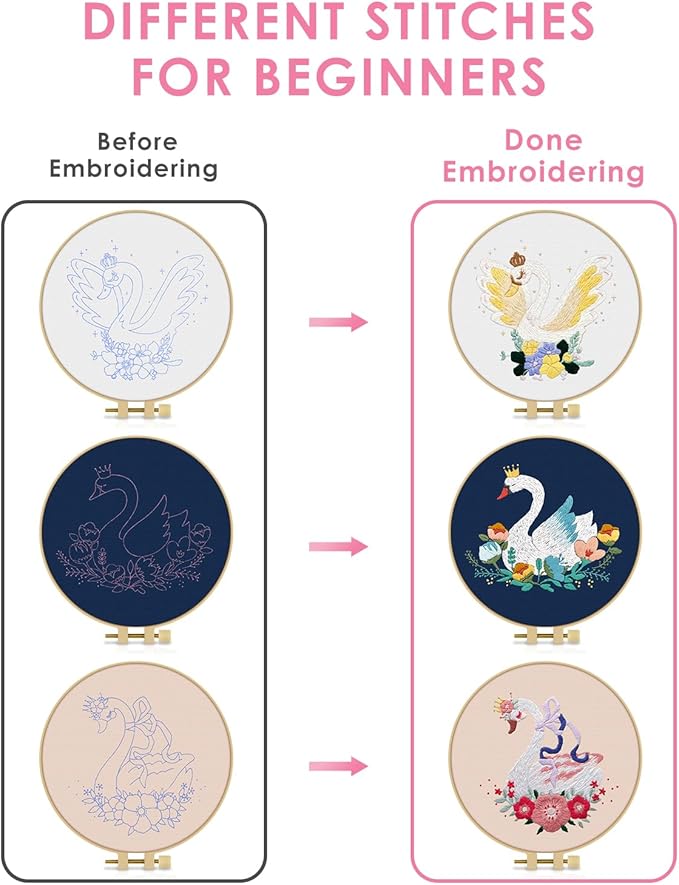 TINDTOP 3 Pack Embroidery Kit for Adult Beginners, Embroidery DIY Starter Kit, with Swan Stamped Patterns, Hoop, Tools, Colorful Threads with Needles, Instructions