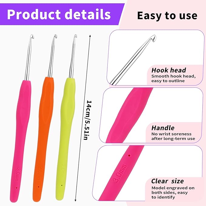 Iuuidu 3PCS Crochet Hooks, Ergonomic Handle Crochet Hooks for Arthritic Hands 3Size, Extra Long Crochet Needles for Beginners, Comfortable Smooth Knitting Needles for Handmade DIY Multicolor