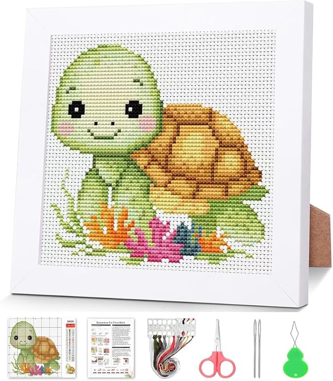 VIGEGU Turtle Cross Stitch Kits for Beginners,Stamped Cross Stitch for Adults with Framed,Crafts for Girls 8-12 Embroidery Kit Partial 11CT Cross-Stitch Arts and Crafts for Adults 6.7x6.7inch
